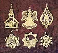6 Machine Embroidered Ornaments- Church, Angel, Candle, Rothenburg, 2 Snowflakes
