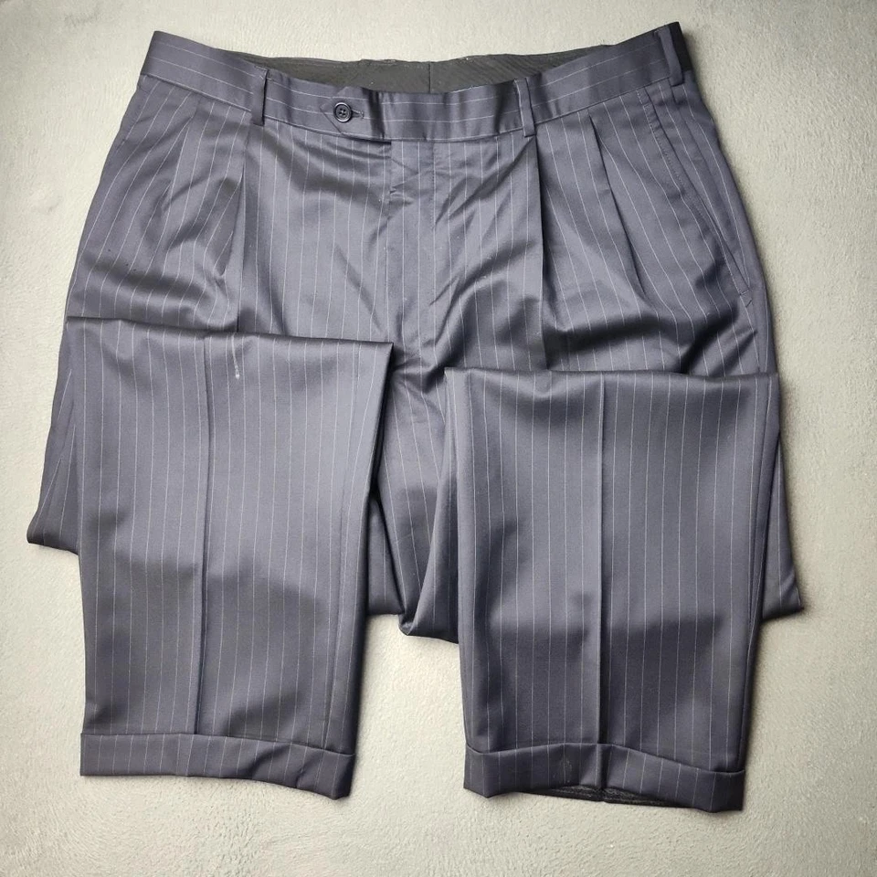 Pantalones Brooks Brothers 1818 Madison para hombre 36x30 azul a rayas lana plisada puños Foto 3 de 4