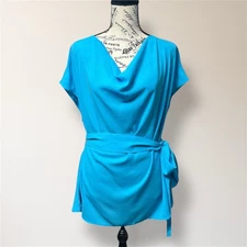 New York & Company XL Blue Cowl Neck Cap Sleeve Belted Draped Blouse Coastal NWT