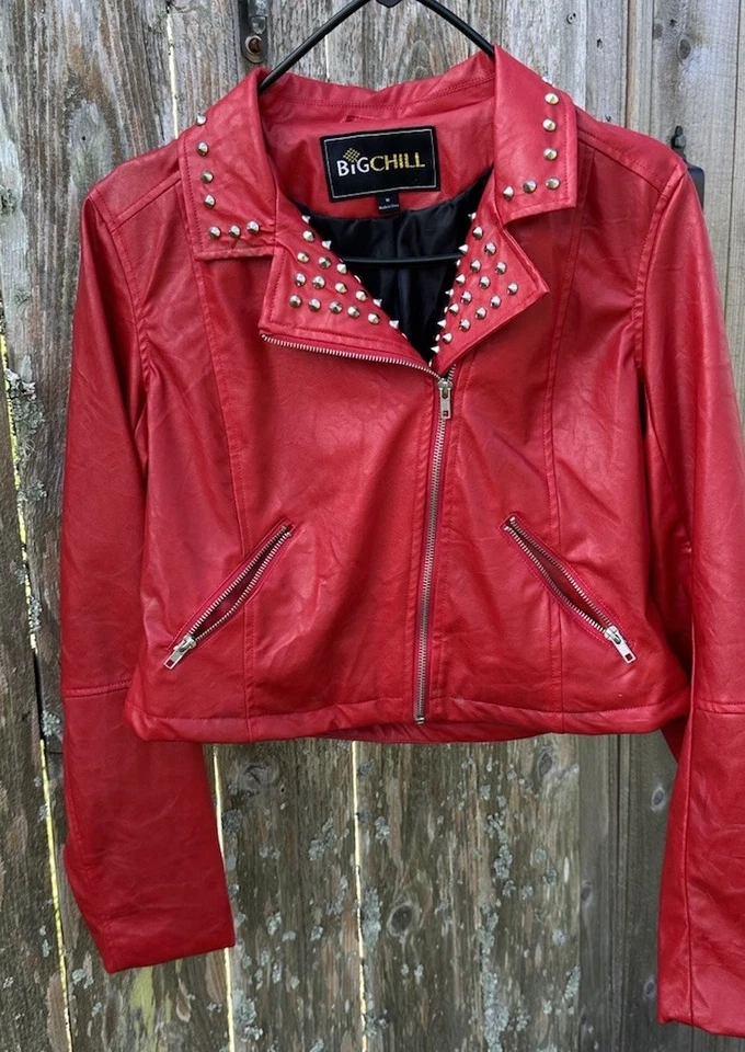 Chaqueta de moto Big Chill de cuero sintético rojo tachonado talla M gótica steampunk Foto 4 de 4
