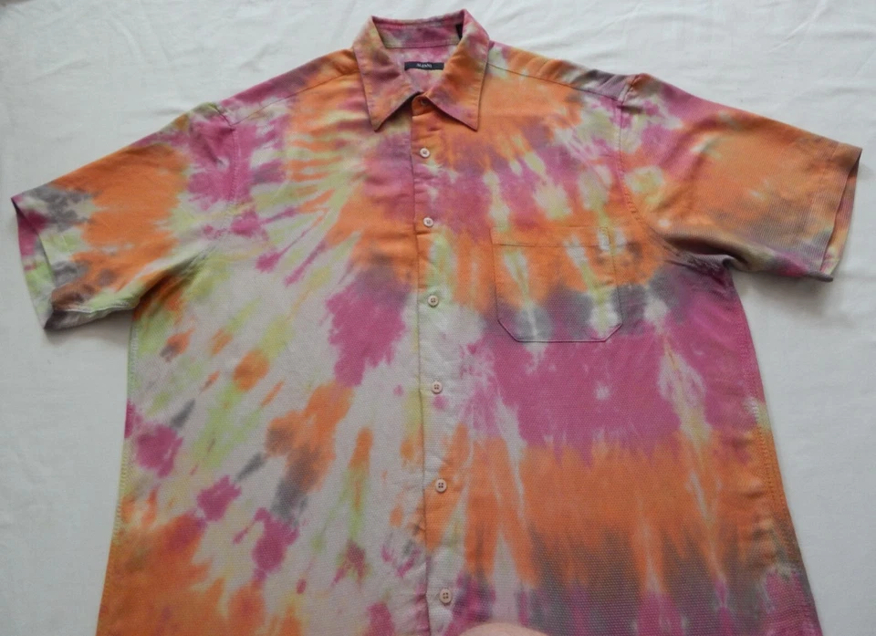 Camisa Tie Dye Rosa Naranja Rayas Manga Corta Abotonada - XL Para Hombre Hecha a Mano Foto 4 de 4