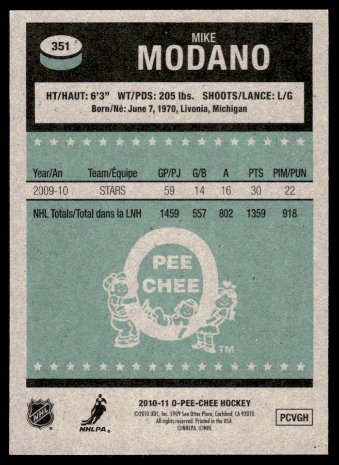 2010-11 O-Pee-Chee RETRO Mike Modano Detroit Red Wings #351 - Image 2 of 2