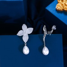 Flower Clip On Pearl Drop Earrings Silver Plated Non Pierced CZ Wedding Jewelry