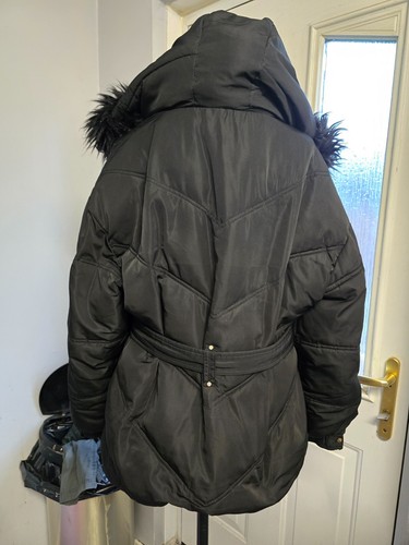 River Island padded belted Fur Trim hooded Coat uk 12 - Picture 3 of 4