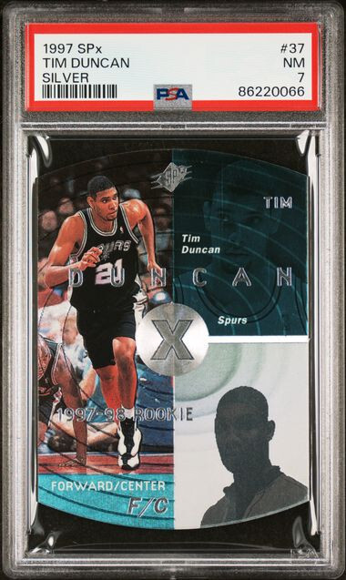 1997-98 SPx TIM DUNCAN SILVER #37 ROOKIE BASKETBALL CARD PSA 7 NEAR MINT