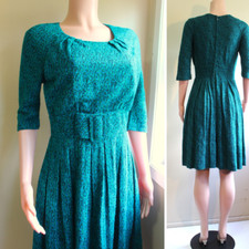 MCM Vintage 60s Day Dress M Acrylic Cotton Knit Back Zip 1/2 Sleeve Pleated R K