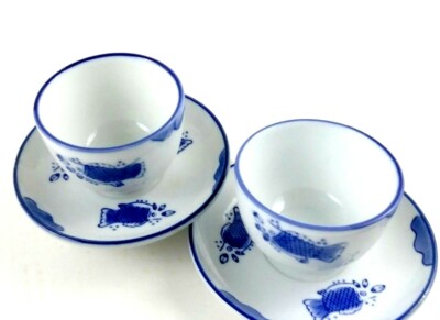 Set Of 2 Asian Tea Sauce Bowls w Saucers Carp Fish Sushi Motif Blue White Marked