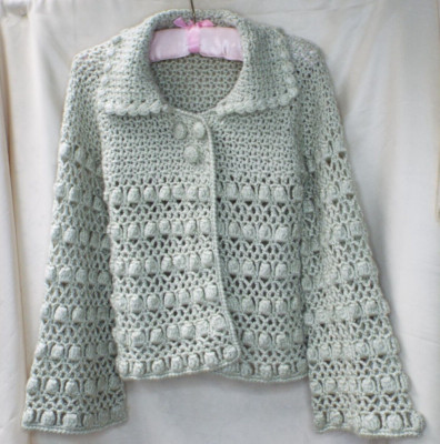 VAN- DOS Designer Fancy Hand-Knit Jacket Crochet Style in Silvery Green S 8/10