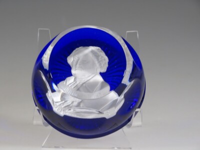 Baccarat Cristal D'Albret Cobalt Sulphite Glass John Adams Paperweight c.1955