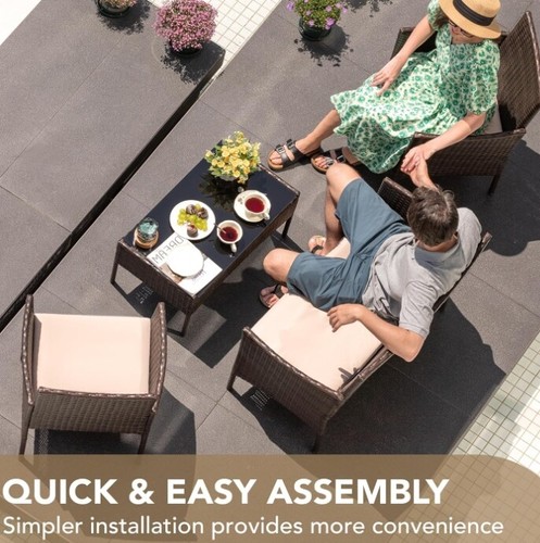 4 Pieces with Beige Cushion Brown Patio Furniture Set Outdoor Balcony Lawn Porch - Picture 4 of 6