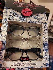 BETSEY JOHNSON 3 Pair Reading Glasses Navy, Clear Tortoise Frames NIB READERS