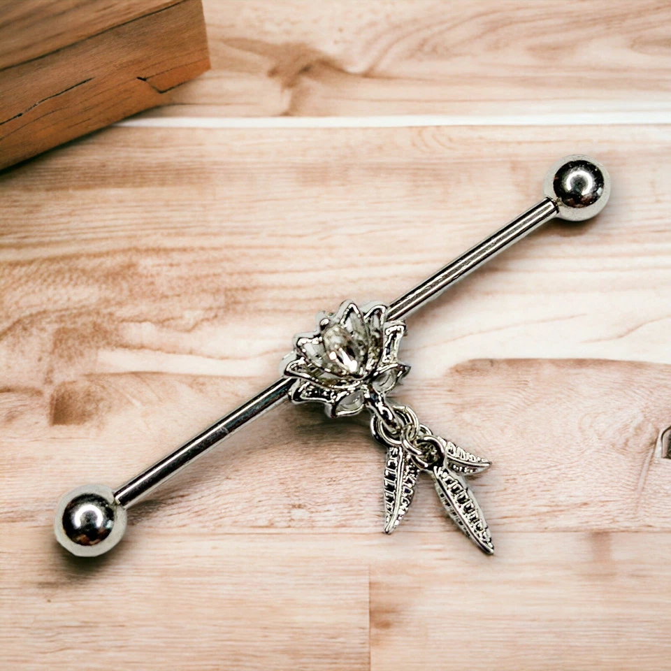 14g white cz gold silver IP lotus blossom dangle feather Industrial Bar H - Image 3 of 4