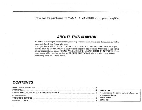 Escaneos de alta resolución del raro manual del propietario para amplificador de potencia Yamaha MX-1000U - Imagen 2 de 2
