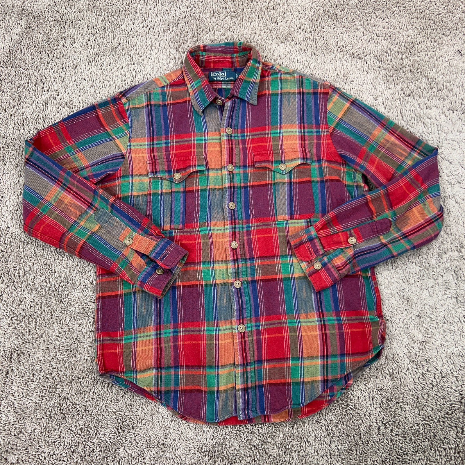 Polo Ralph Lauren Shirt Mens Large Red Madras Plaid Flannel Cabin Ranch Country