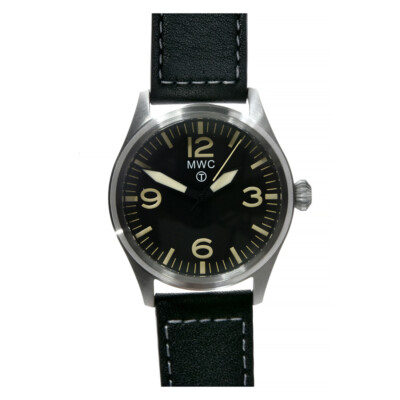 MWC Pilot 40 Hybrid Mechanical Quartz Black Steel Leather Aviator Watch Unisex