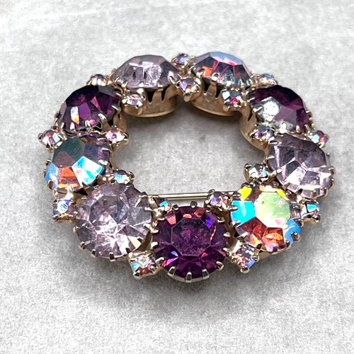 VTG Weiss Purple & AB Rhinestone Wreath Brooch Pin 1.75 Inches ^ - Picture 4 of 7