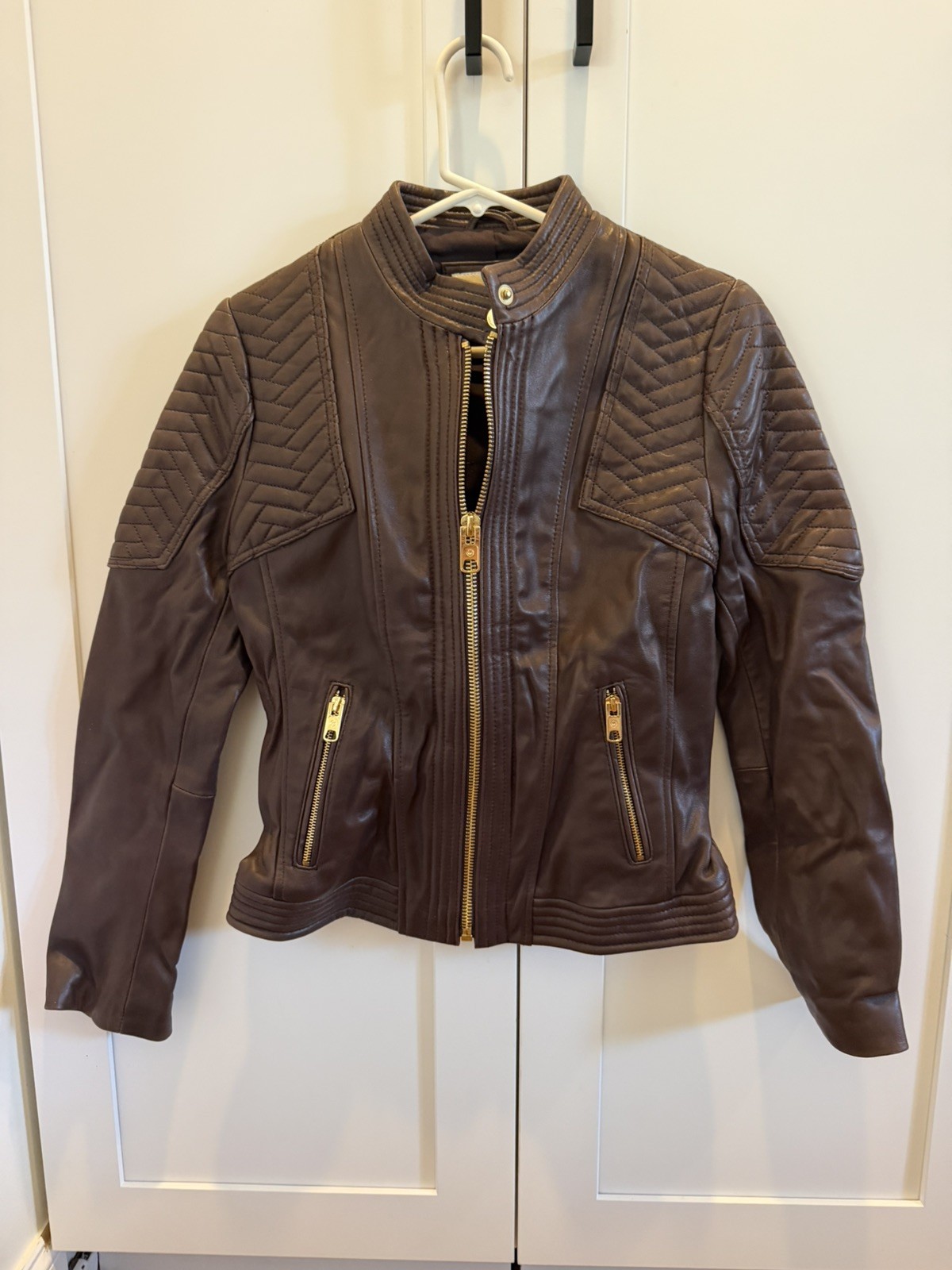 Michael Kors Women's Brown Quilted Biker leather Jacket Zipper Accents Size S