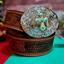WESTERN GENUINE LEATHER BELT UNISEX HANDCRAFTED WITH CROSS BUCKLE SIZE LARGE