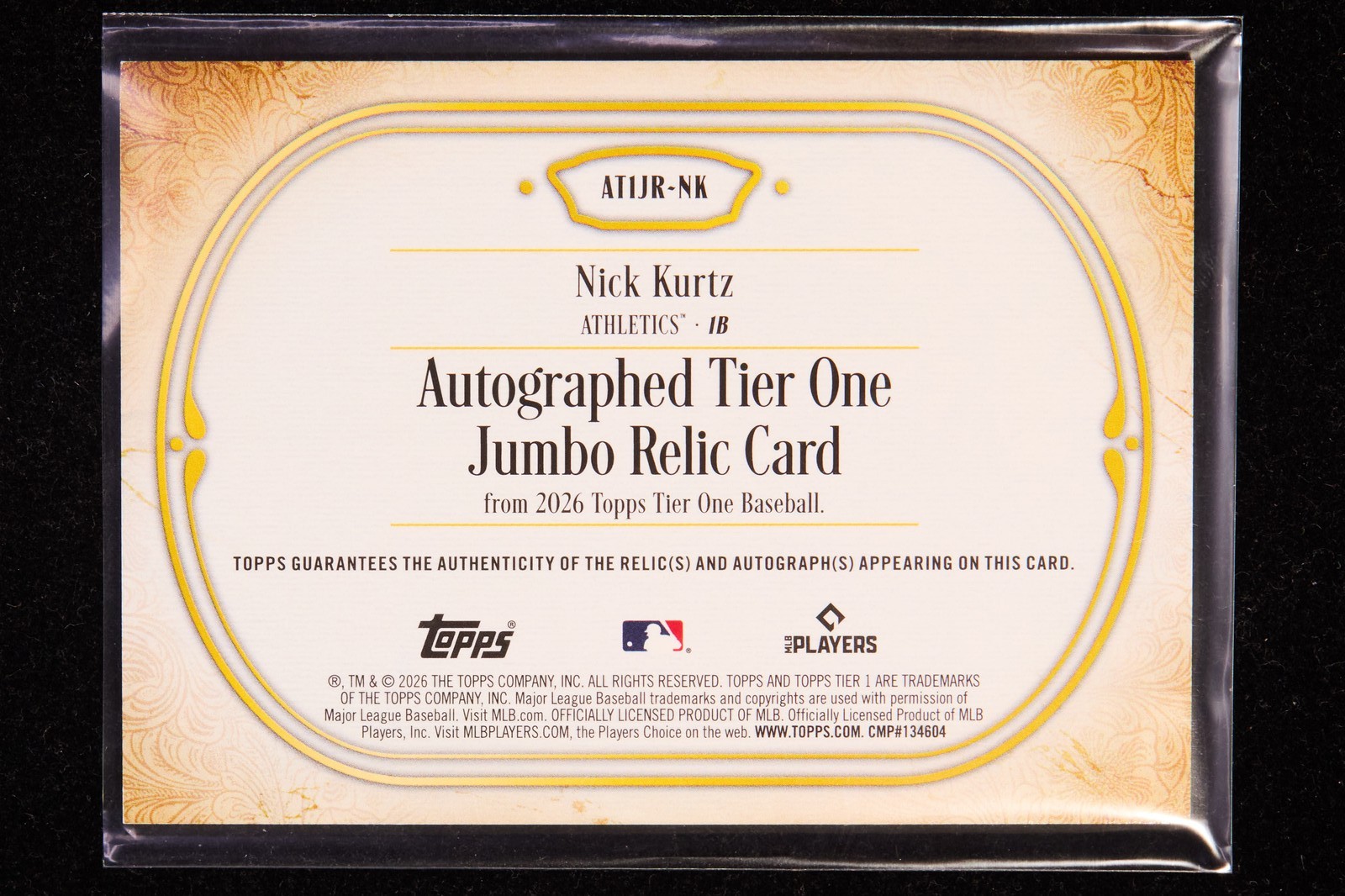 Nick Kurtz 2026 Topps Tier One Baseball Auto Jumbo Game-Used Patch 041/155 [tm2 view 2