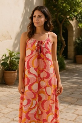 Rachel Zoe Maxi Dress Womens M Multi Linen Cover Up Vacation Pschedelic