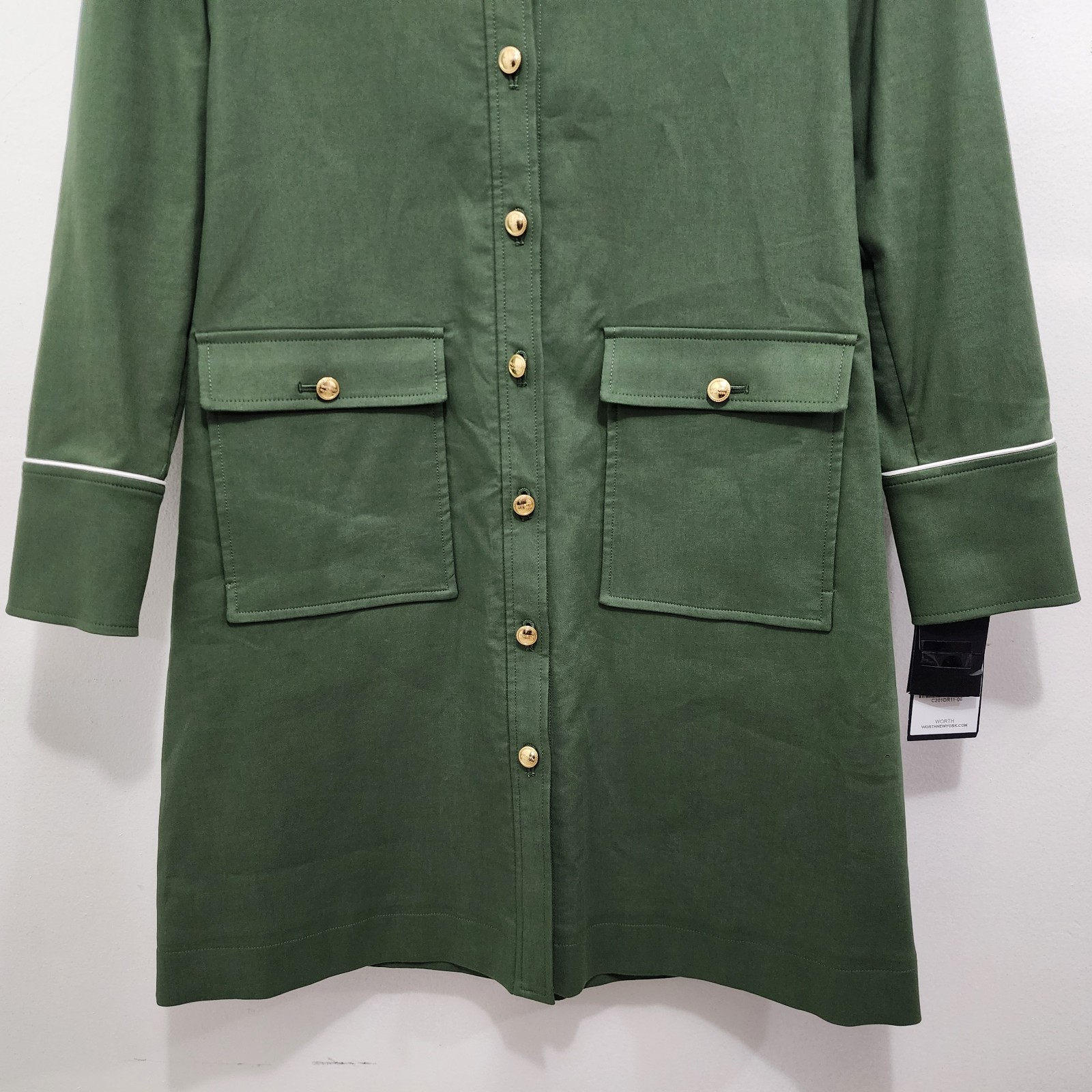 Worth New York Stretch Twill Shirt Dress NEW Cactus Green Gold Buttons Size 6