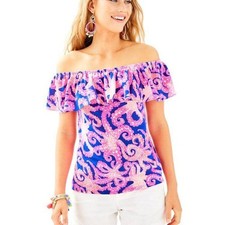 Lilly Pulitzer La Fortuna Off Shoulder Ruffle Top Pink Blue Coral Reef Print XS 