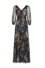 Authentic Marchesa Notte Pleated Metallic Floral Print Pleated Gown- Sz 14