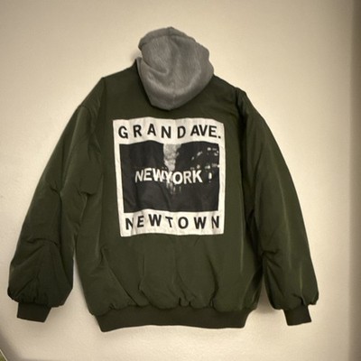 Green Hooded Bomber Jacket Zip Closure Urban New York Graphic Logo Men s Short
