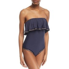 NWT Pilyq Platinum S Flutter Crochet Trim 1PC Swimsuit Navy Blue 92661