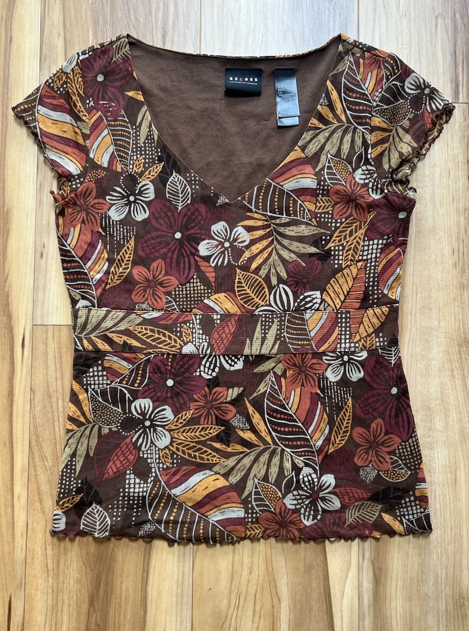 Vintage Axcess y2k Brand Mesh Brown Floral Patterned Top Blouse Small