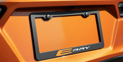 Corvette E-Ray License Plate Frame   Black Premium Metal with Orange Accents