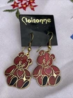 Vintage Cloisonne Teddy Bear With Heart Drop Dangly Earrings - New Old Stock