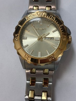 Elgin Two Tone Quartz Watch Yellow Gold Plated Day Date FOR REPAIR