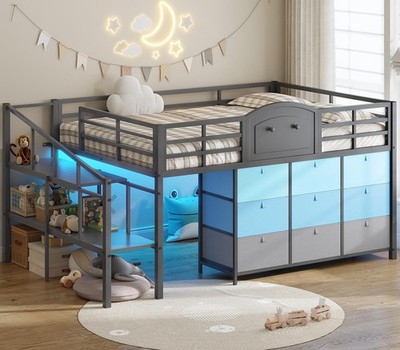 Loft Bed Twin Size with 9 Storage Drawers and LED Lights, Metal Twin 