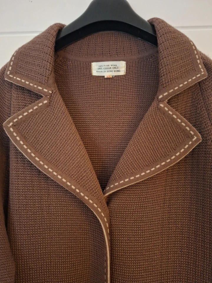 Vintage 100% Wool Brown Cardigan Coatigan Size 12 Made In Hong Kong Rare Stitch - Image 2 of 4