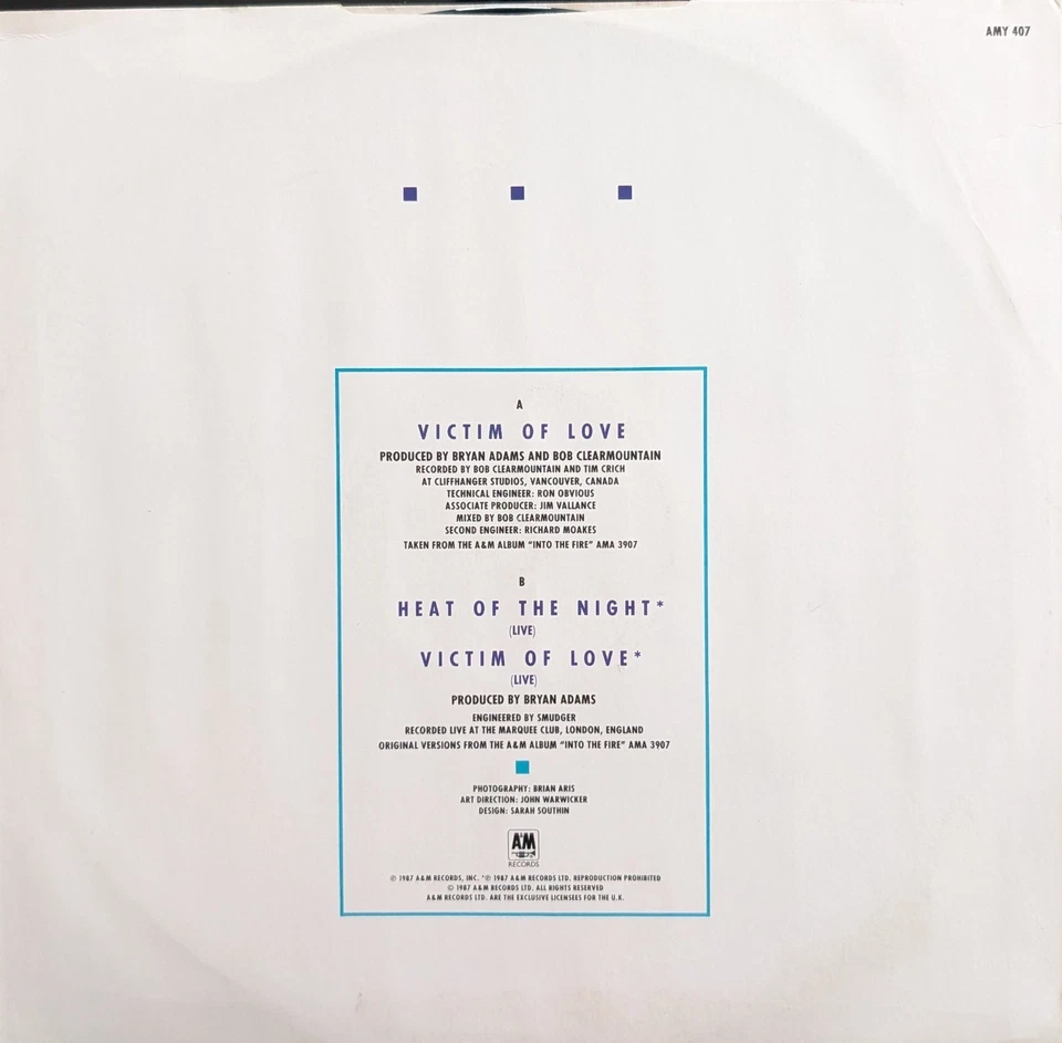 Bryan Adams Victim Of Love Vinyl Record VG+/VGAMY407 1987 Foto 2 de 2