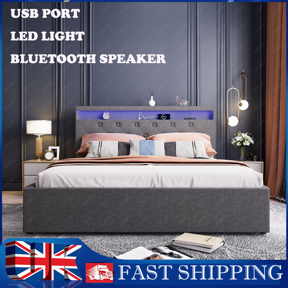 White Ottoman Storage Bed, Happy Beds Phoenix Wood Modern Bed Frame - 4ft6 Double (135 x 190 cm) with Memory Foam Mattress Included 31 4ft6 Ottoman Storage Bed Frame With USB Port & Led Light & Bluetooth Speaker UK