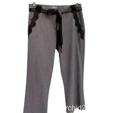 Cache Black Lace Satin Self Belt Gray Bi Stretch Crop Pant New 118 NWT