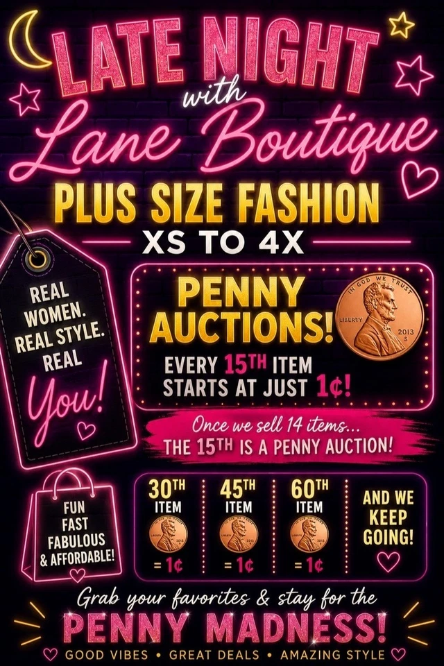 Late Night with Lane Boutique | Plus Size XS–4X | $5 Starts + Penny Auction
