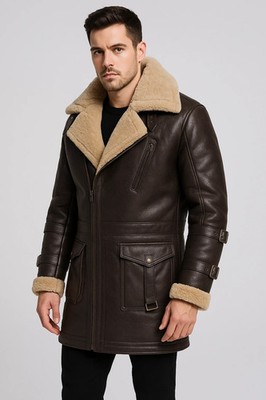Mens Faux Leather Shearling Aviator B3 Leather Coat - Brown Shearling Winter Jacket