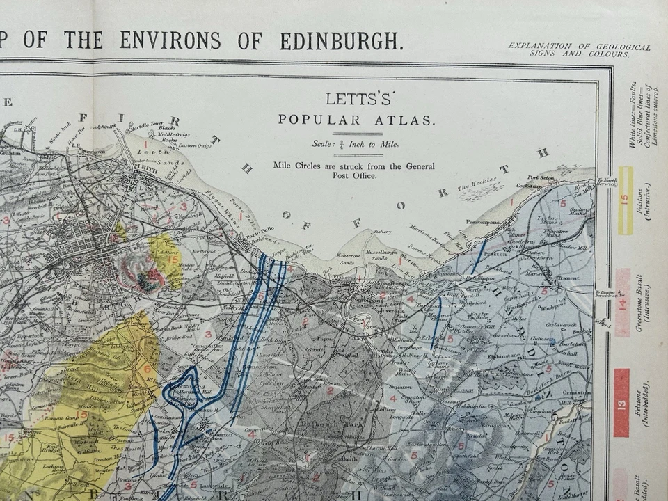 1883 Geological Colour Map Of Edinburgh Original Antique City Plan by Letts - Image 3 of 4