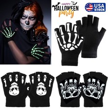 Halloween Skeleton Fingerless Gloves Skull Half Finger Glow In Dark Gloves USA