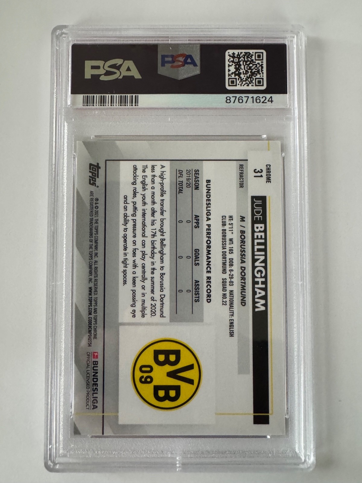 2020-21 Topps Chrome Bundesliga Jude Bellingham #31 Refractor RC PSA 10 Rookie view 2