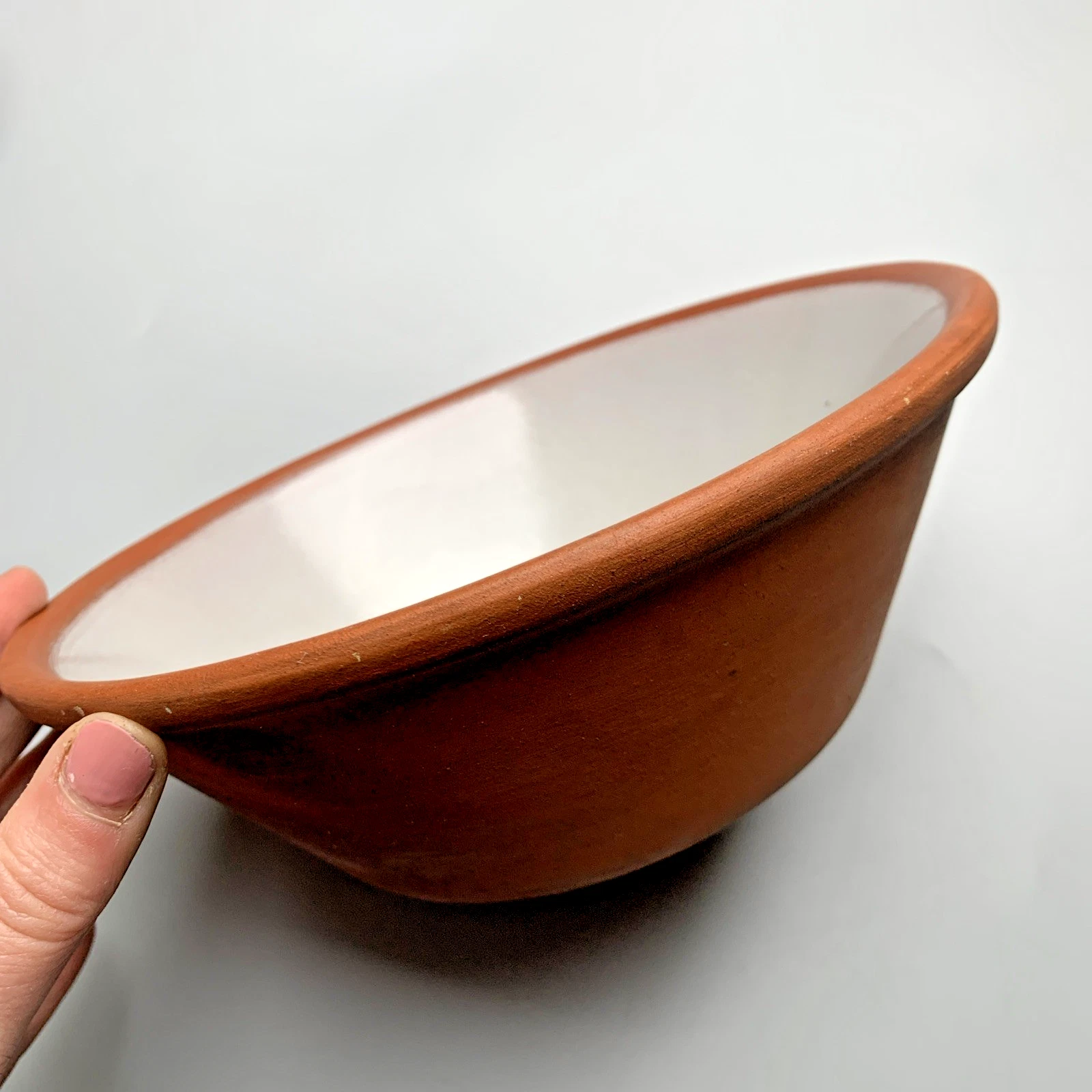 Vintage Terracotta Dairy Bowl White Glazed Interior 8.5" Mixing Dough Pancheon