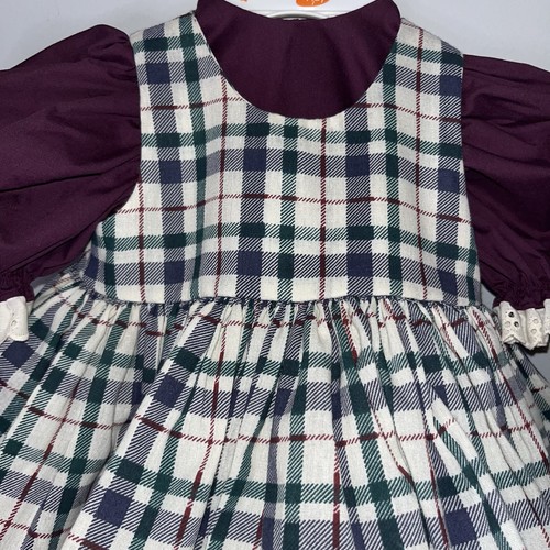 Handmade Plaid Doll or Baby Girl Dress with Purple Sleeves - Picture 3 of 8