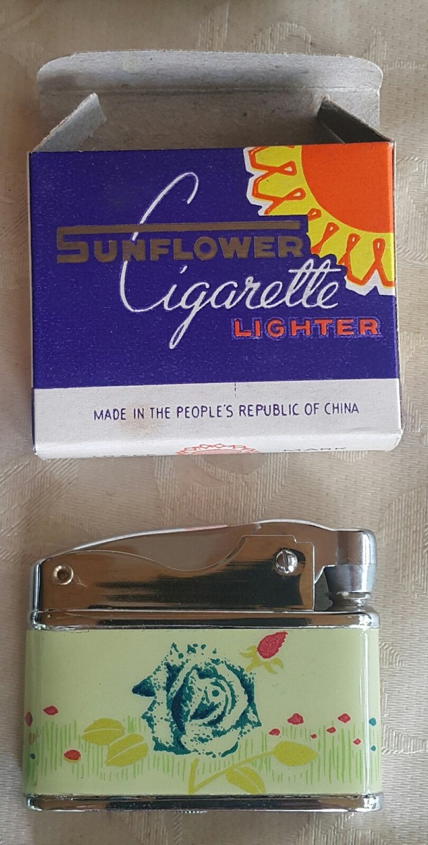VINTAGE SUNFLOWER CIGARETTE LIGHTER METAL ART DECO MADE IN CHINA ORIGINAL  BOX