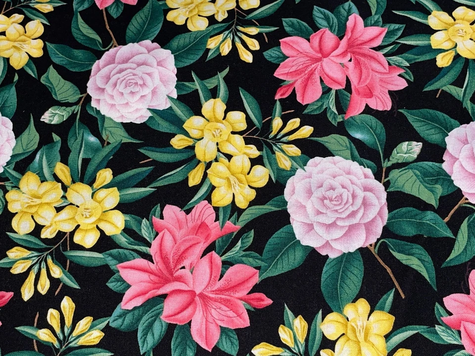 Acolchado en blanco tela de algodón floral fresia narciso dalia de 1 yarda #6219 Foto 2 de 4