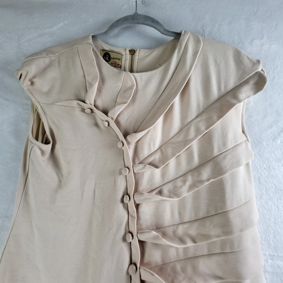 Vintage Lanvin Paris Y2K Mini Dress Size L Beige Cotton Gathered Front Zip - Image 2 of 4