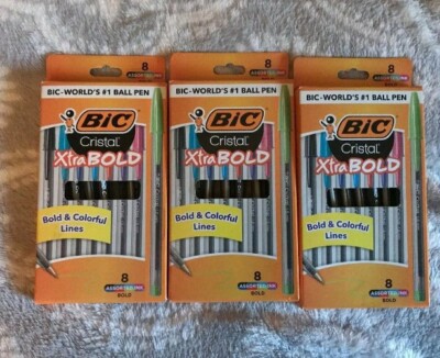 3x BIC Cristal Xtra Bold Ballpoint Pens Assorted Color 8 ct each~New