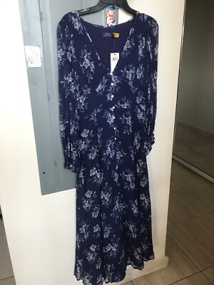 NWT Polo Ralph Lauren beautiful maxi blue flower dress women size 4